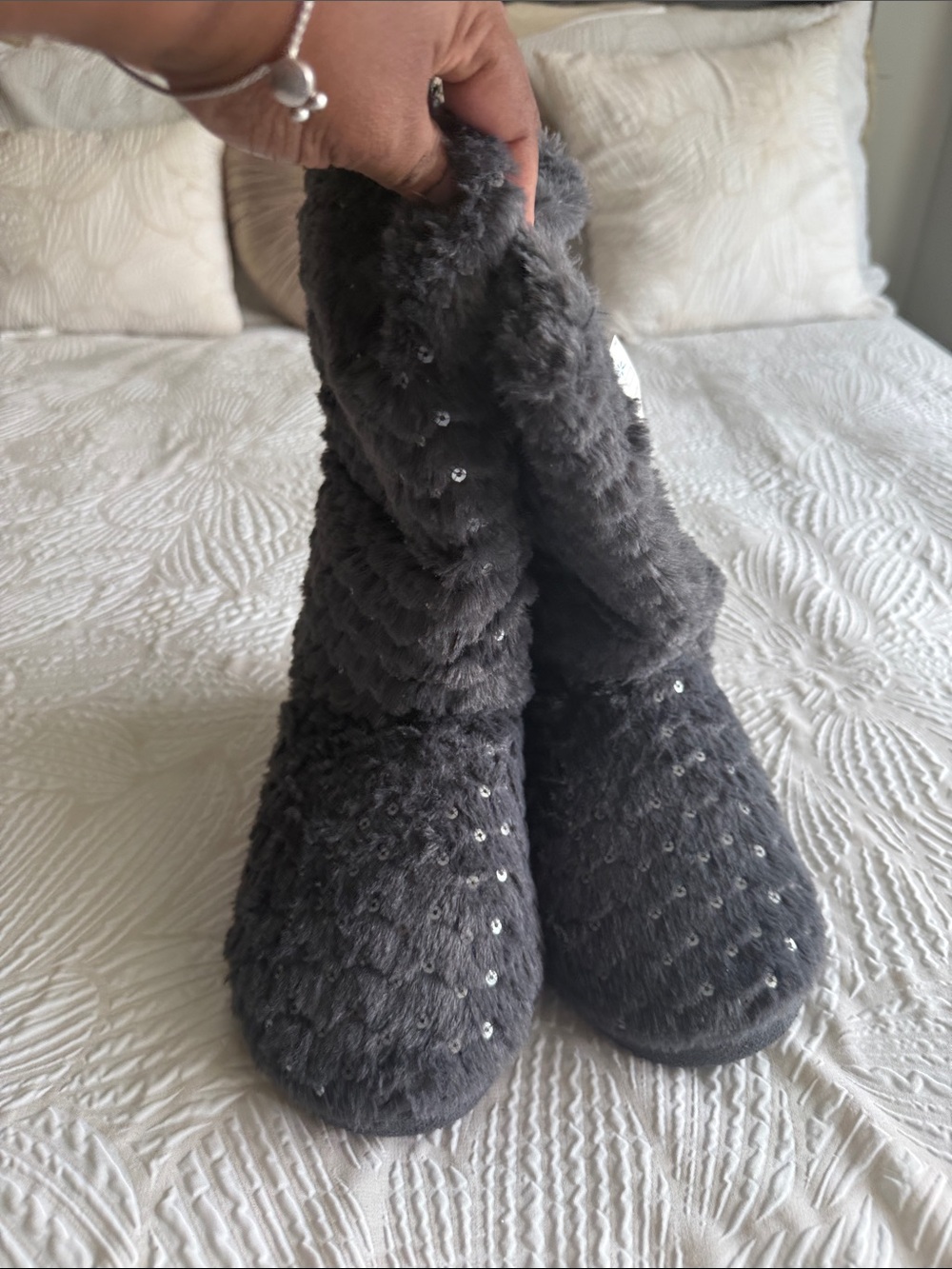 Women's Gray Sequin Fuzzy Slipper Boots